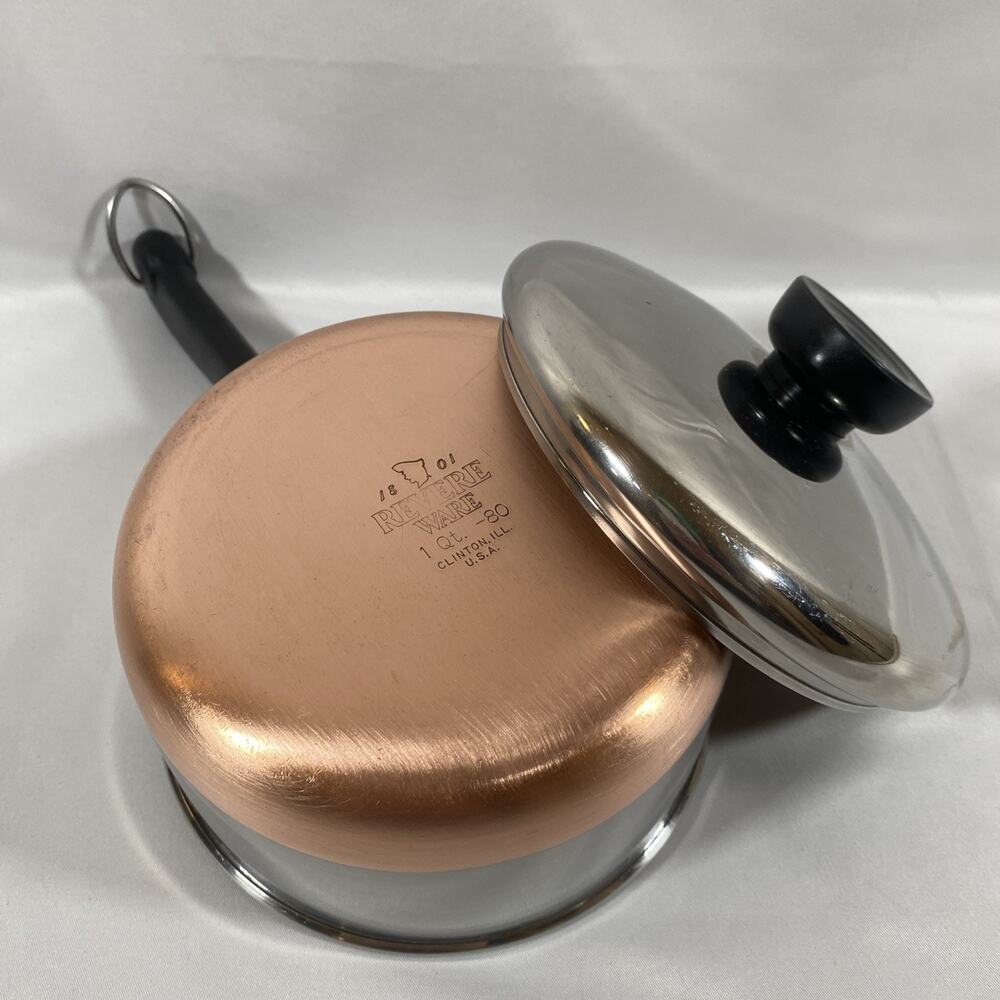 Revere Ware 1 Qt Quart Copper Bottom Sauce Pan, Lid Clinton -80 Stainless Steel